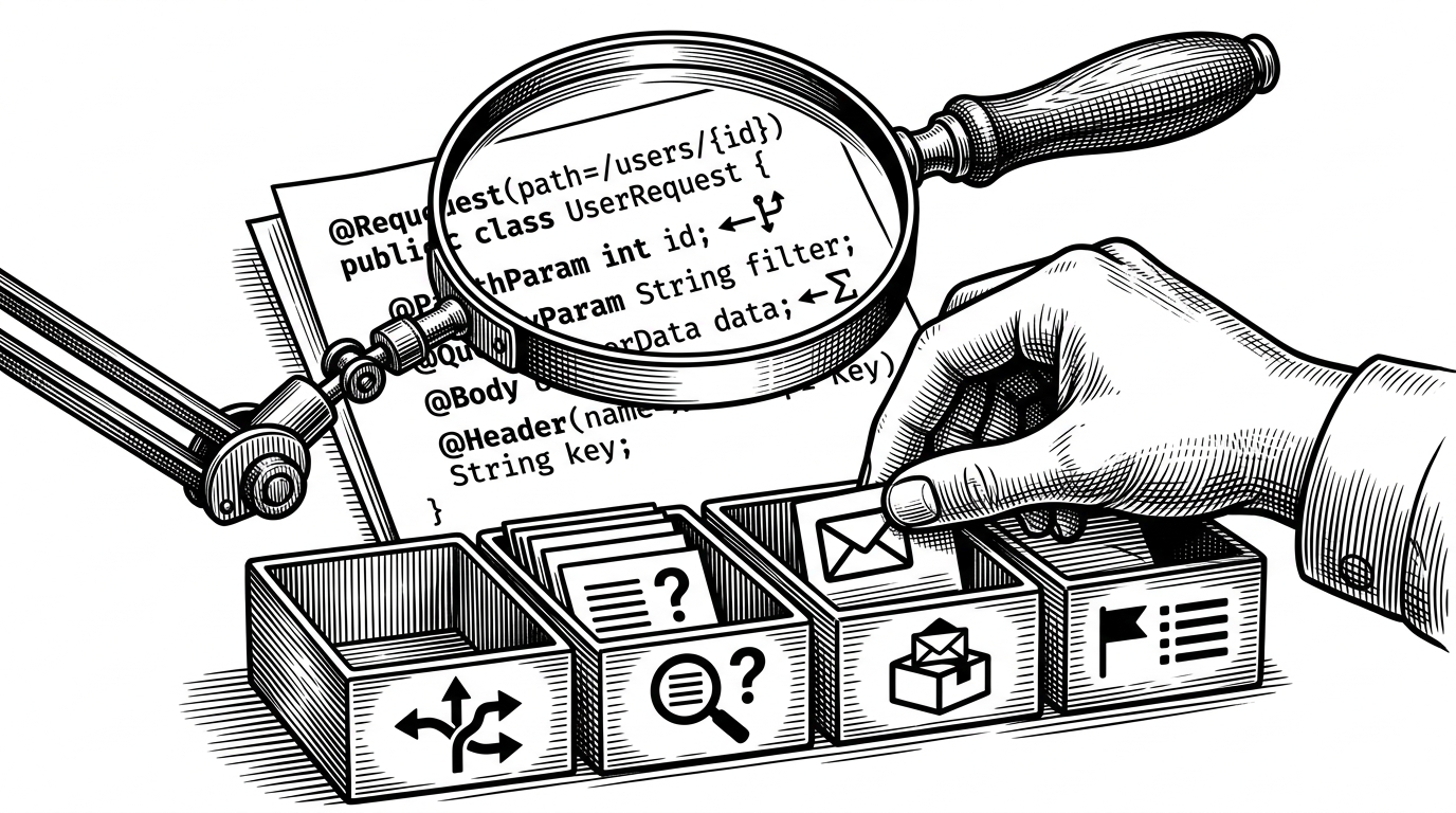 A tight workshop scene shows a developer's typed request object held under a magnifying lens, with annotations and field labels being sorted into separate bins for path, query, body, and headers. The image explains that the SDK reads metadata first, then assembles the network request from those decisions.