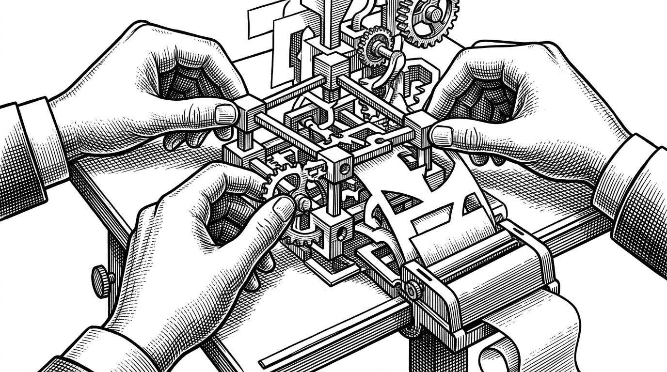 A close-up of hands assembling a formal machine from interlocking shapes, gears, and paper-cut nodes. The image explains that the generator builds an abstract syntax tree first, then prints code from that structure instead of stitching strings together.
