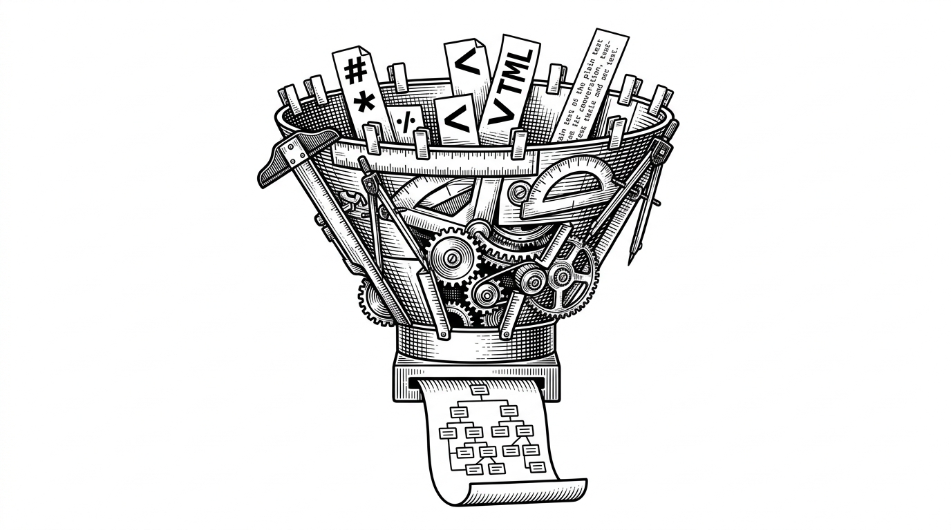 A close-up of a conversion funnel where different document fragments are shaved into the same node-shaped stream. It explains that the project's real asset is the canonical AST, not any one parser or UI wrapper.