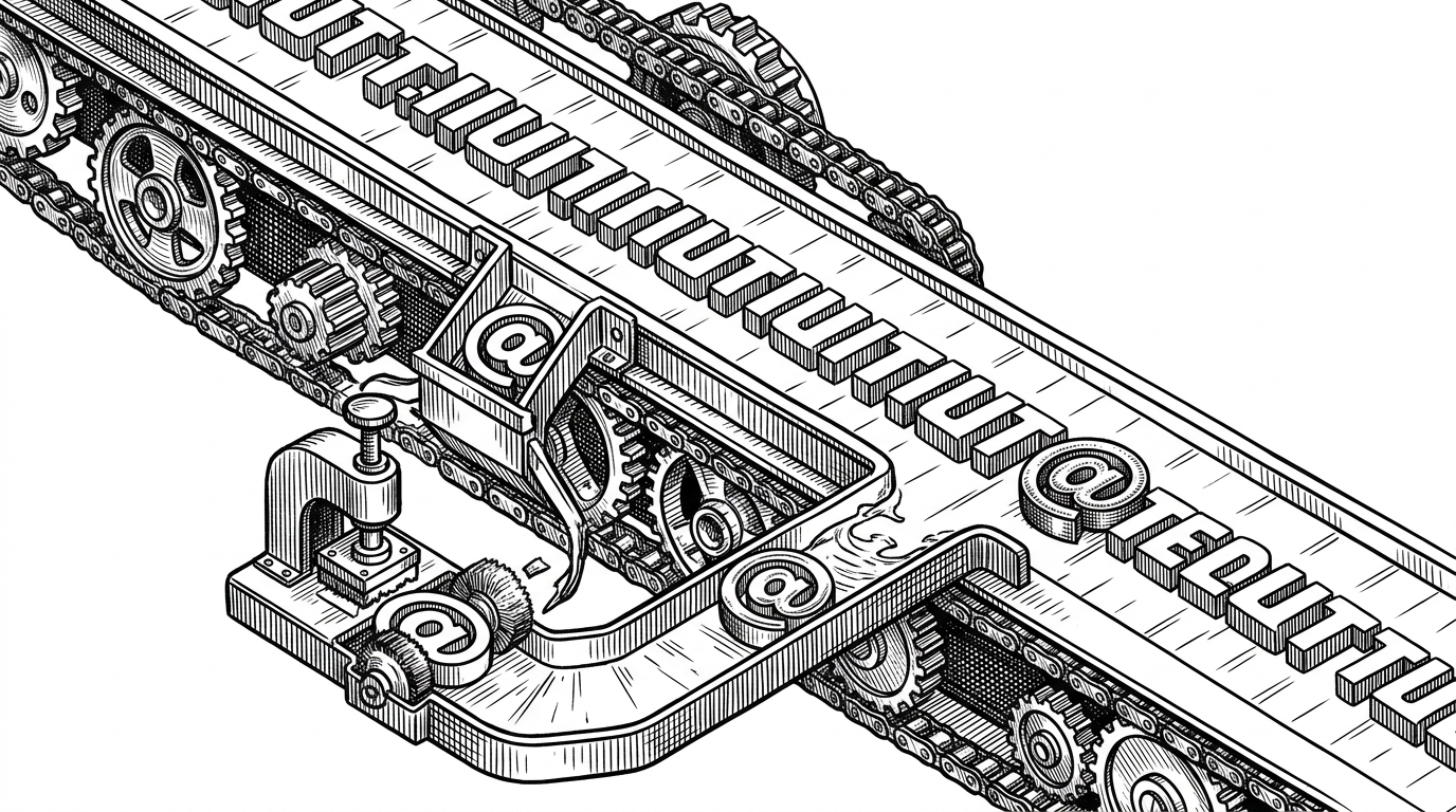 A close-up of a conveyor rail where one custom token leaves the main text stream, passes through a plugin station, and returns as a styled segment. It explains how extensions like mentions can stay in the same pipeline without hardcoding every special case.