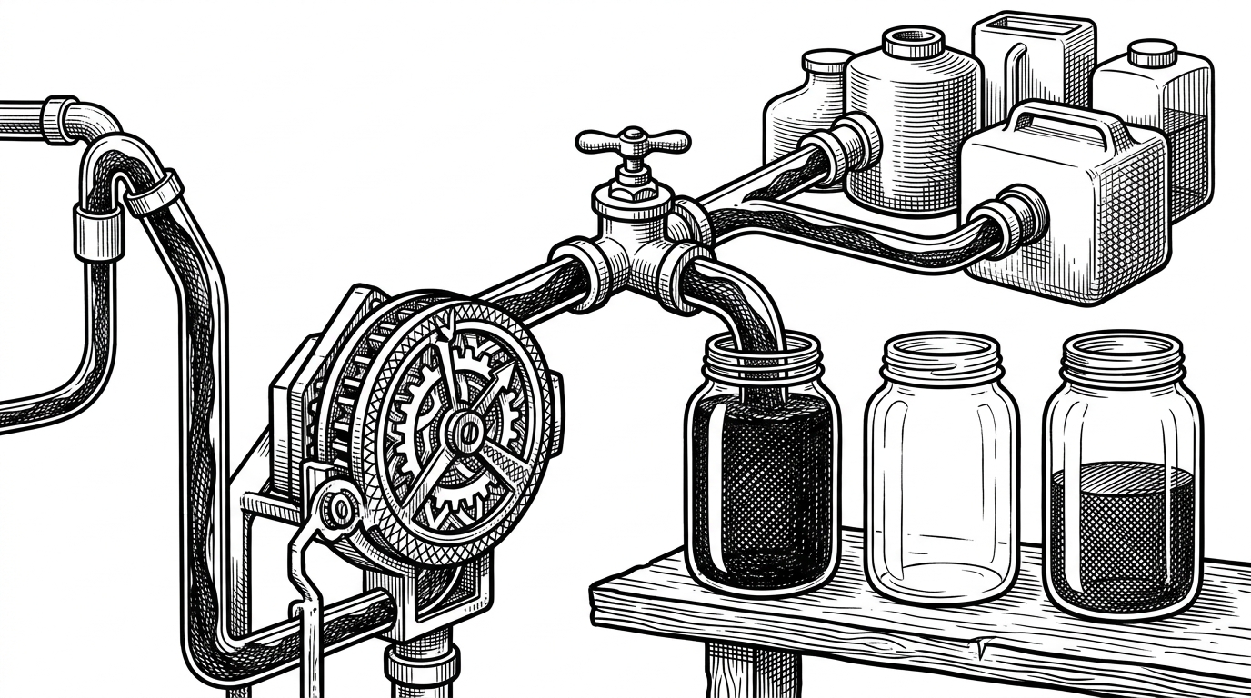 A narrow ink channel carries data through a checksum dial and into several jars, one full, one empty, and one only partly filled. The illustration shows how folder output, CRC validation, and empty-file handling can coexist in one stream pipeline.