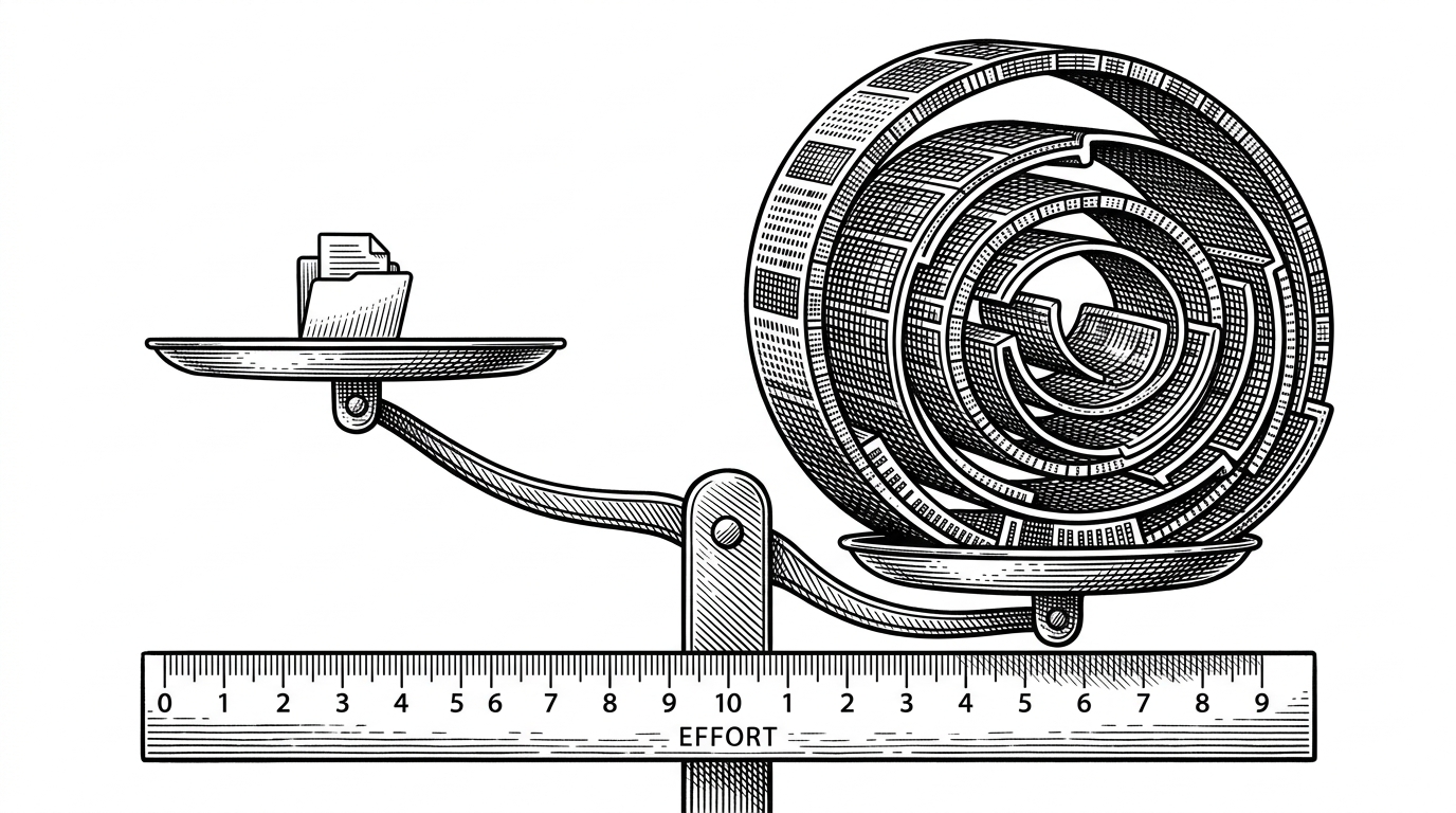 A close-up balance scale holds a tiny file on one side and a long coiled path of compressed data on the other. The illustration shows that progress is determined by the weight of hidden dependencies, not by the visible size of the destination file.
