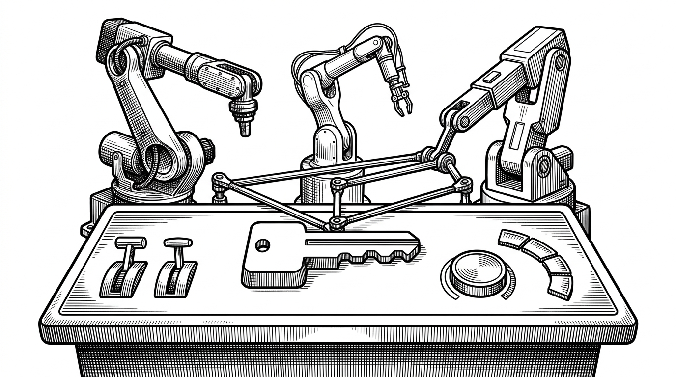 A central control console routes one Python command surface to three distinct robot arm engines behind it. The scene explains how a single API can unify different kinematics backends without forcing them to look the same underneath.