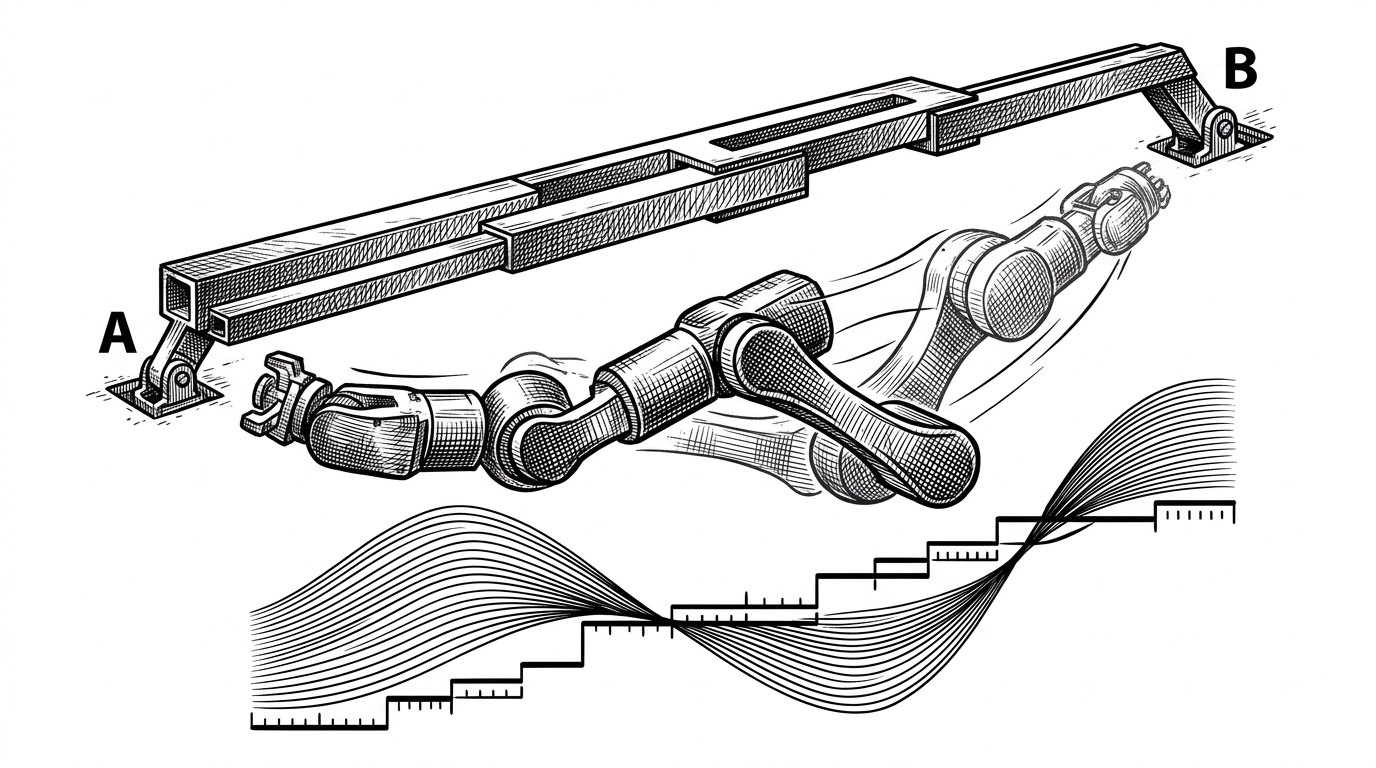 A robot arm moves from point A to point B along two different paths. One path is a straight Cartesian line through space, while the other bends through joint space with a smooth easing waveform below it. The image explains that Robokin shapes not just position, but the feel of movement.