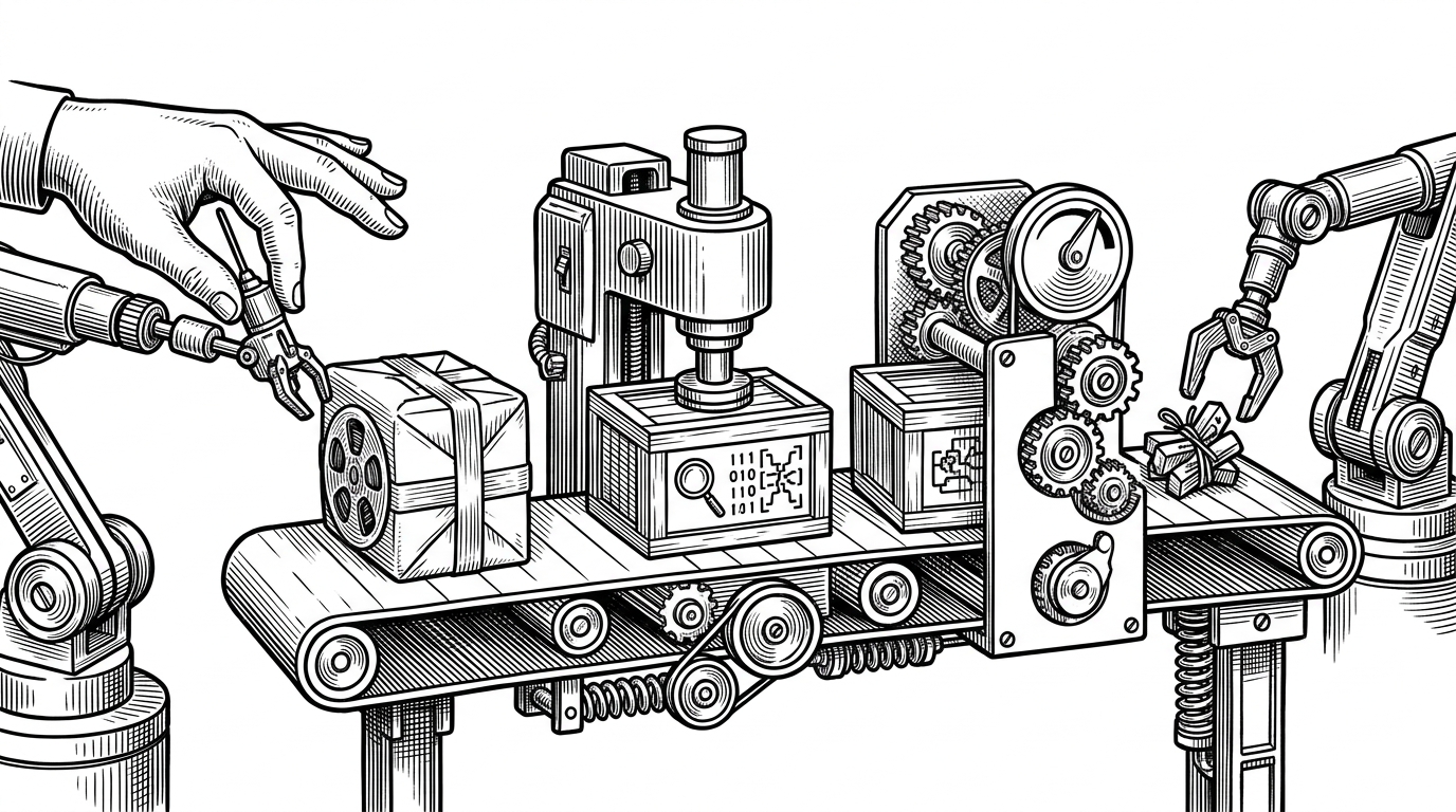 A conveyor-like handoff pipeline shows a human moving a leader arm, the motion becoming a recorded episode, then a converter packaging it into a dataset crate, and finally a policy engine emitting action chunks to a follower arm. The scene explains how demonstrations become trainable data and then return as live robot behavior.