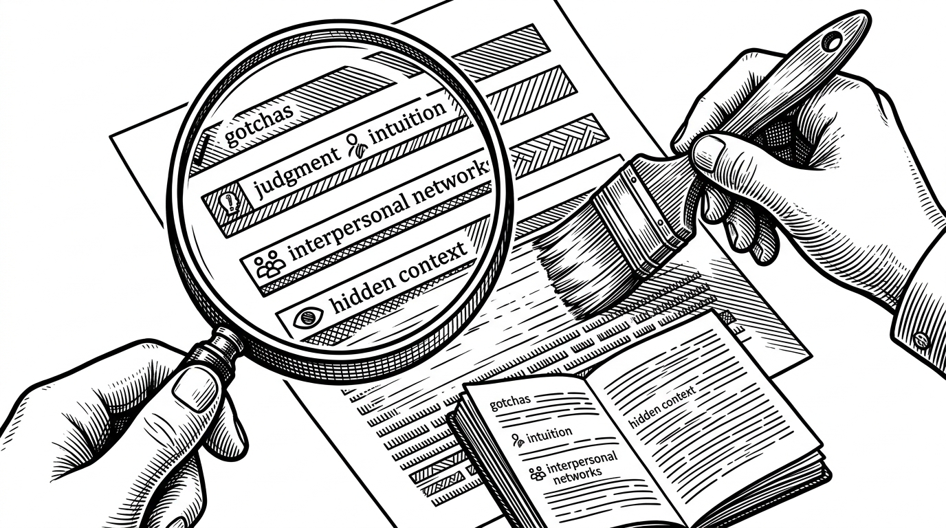 A close-up of a page under a magnifying glass, with four bands of content being selectively painted over by bland filler. A notebook beneath the page catches the removed lines. The image explains how the classifier separates surface prose from high-value tacit knowledge.