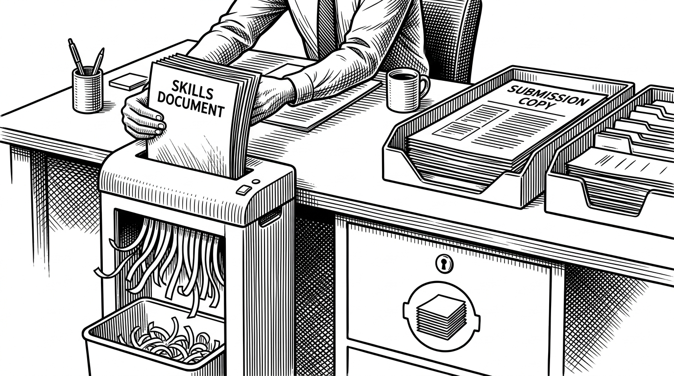 A worker feeds a thick skill document into a shredder while a polished copy slides into a company inbox tray. A locked drawer sits beneath the desk as a private backup. The scene explains the repo’s core move: one input becomes two outputs, one for compliance and one for self-preservation.