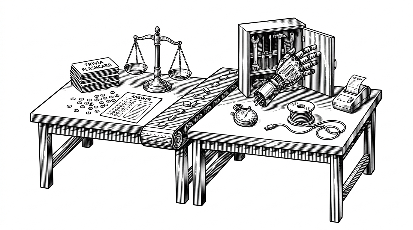 A split editorial scene shows a bench of trivia cards and multiple-choice bubbles on one side, and a tool cabinet, stopwatch, and mechanical workbench on the other. It visualizes the repo's central idea: choose models by how they act under pressure, not just by how they answer isolated questions.