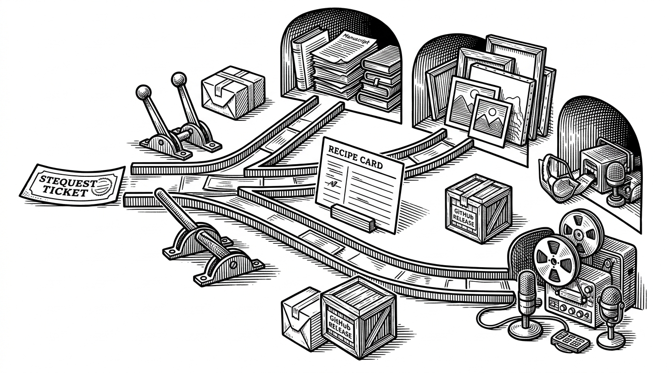 A close-up routing desk shows a stamped request ticket arriving from the left, then split rails and hinged levers sending it into different backend chambers. Small sealed packages suggest release assets being fetched just in time, while one card decides whether the request goes to text, image, or speech execution. This explains the recipe layer as a live dispatch system, not a static menu.