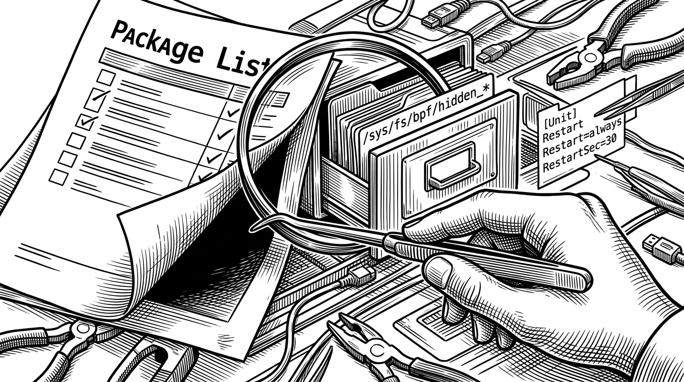 A close-up forensic scene showing a package list in the foreground with hidden layers beneath it. The lower layers reveal systemd persistence markers and a concealed eBPF path, explaining that the scanner looks for post-exploitation artifacts, not just suspicious names.