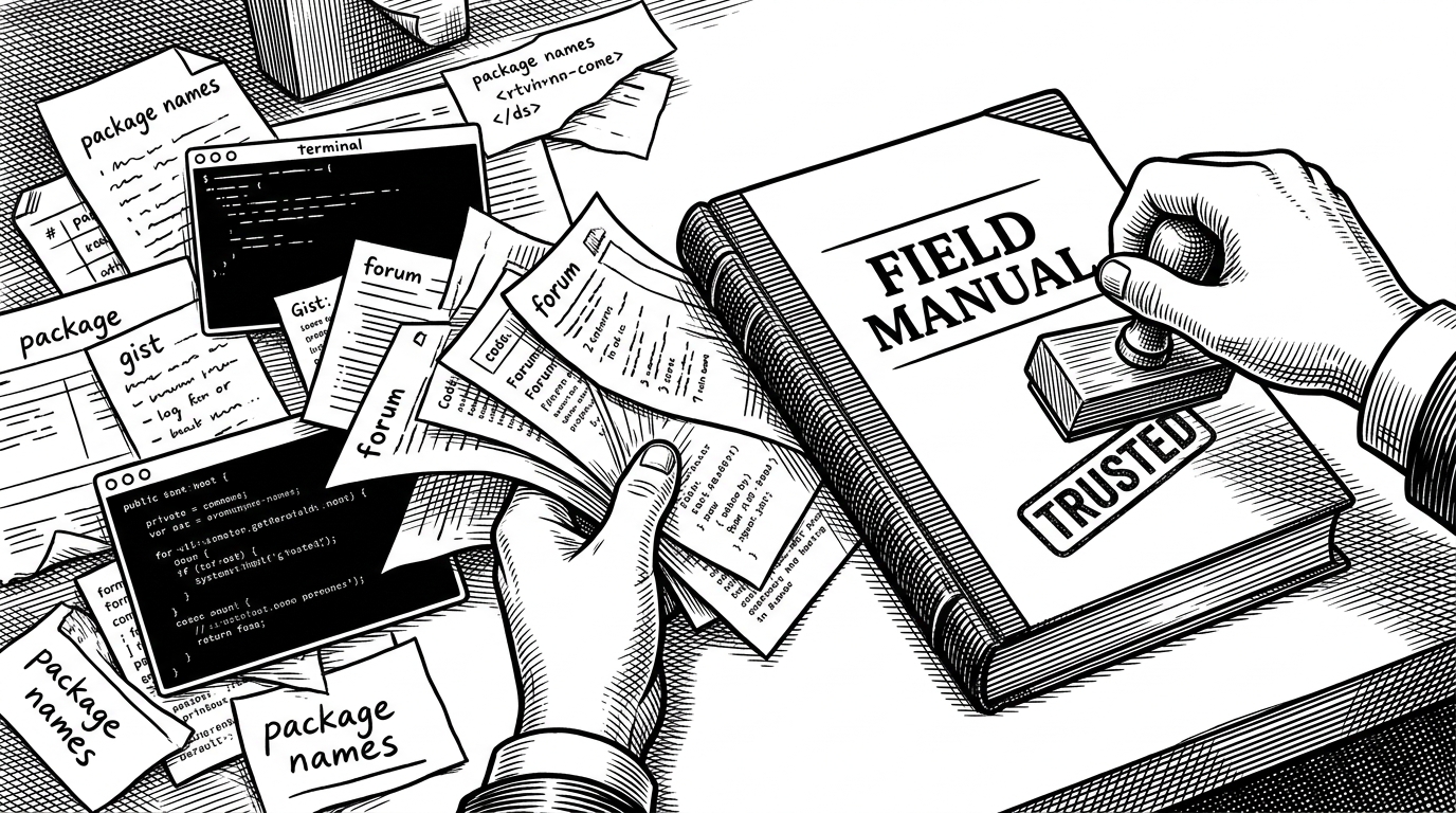 A crowded workbench where loose notes, terminal windows, and package names are being gathered into one bound field manual. The scene explains how fragmented community findings became a single response tool during a supply-chain crisis.