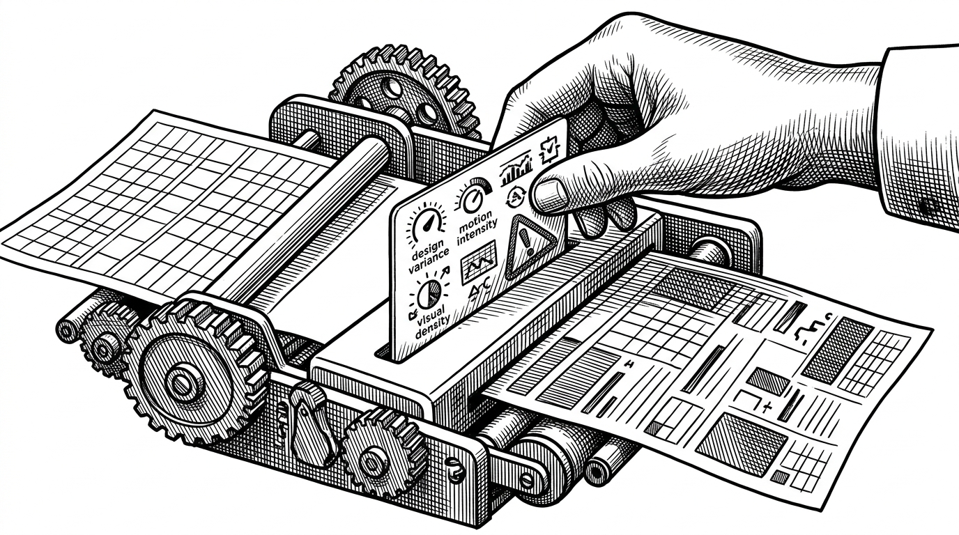 A close-up editorial scene of a hand placing a rule card into a mechanical layout engine. The card carries the three design dials and a stamped warning against generic patterns, while the machine on the far side begins producing a less symmetrical interface. The image explains how the repo interrupts default model behavior.