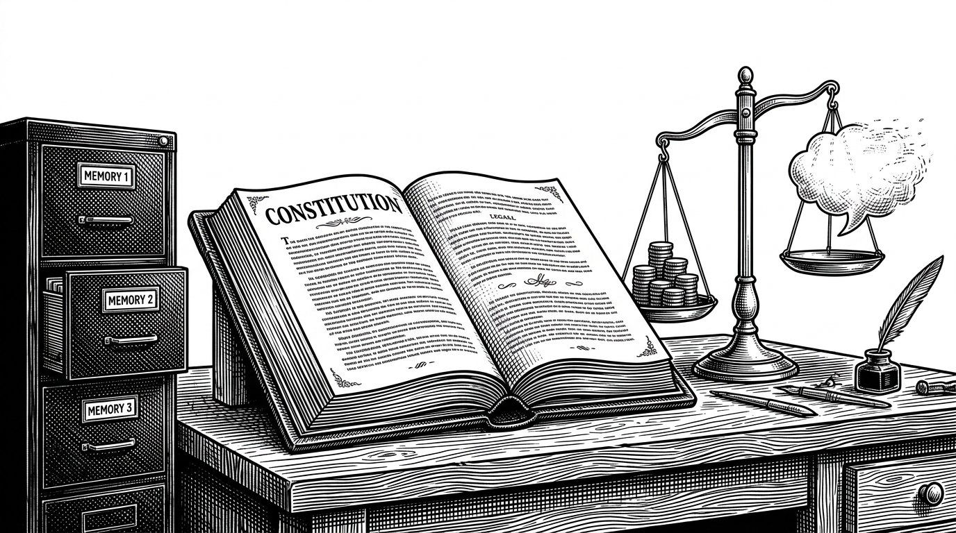 An open constitution book sits beside a filing cabinet and a balance scale made from tokens. The scene shows that Letta is not just documenting agents, it is governing how they remember, act, and persist across sessions.