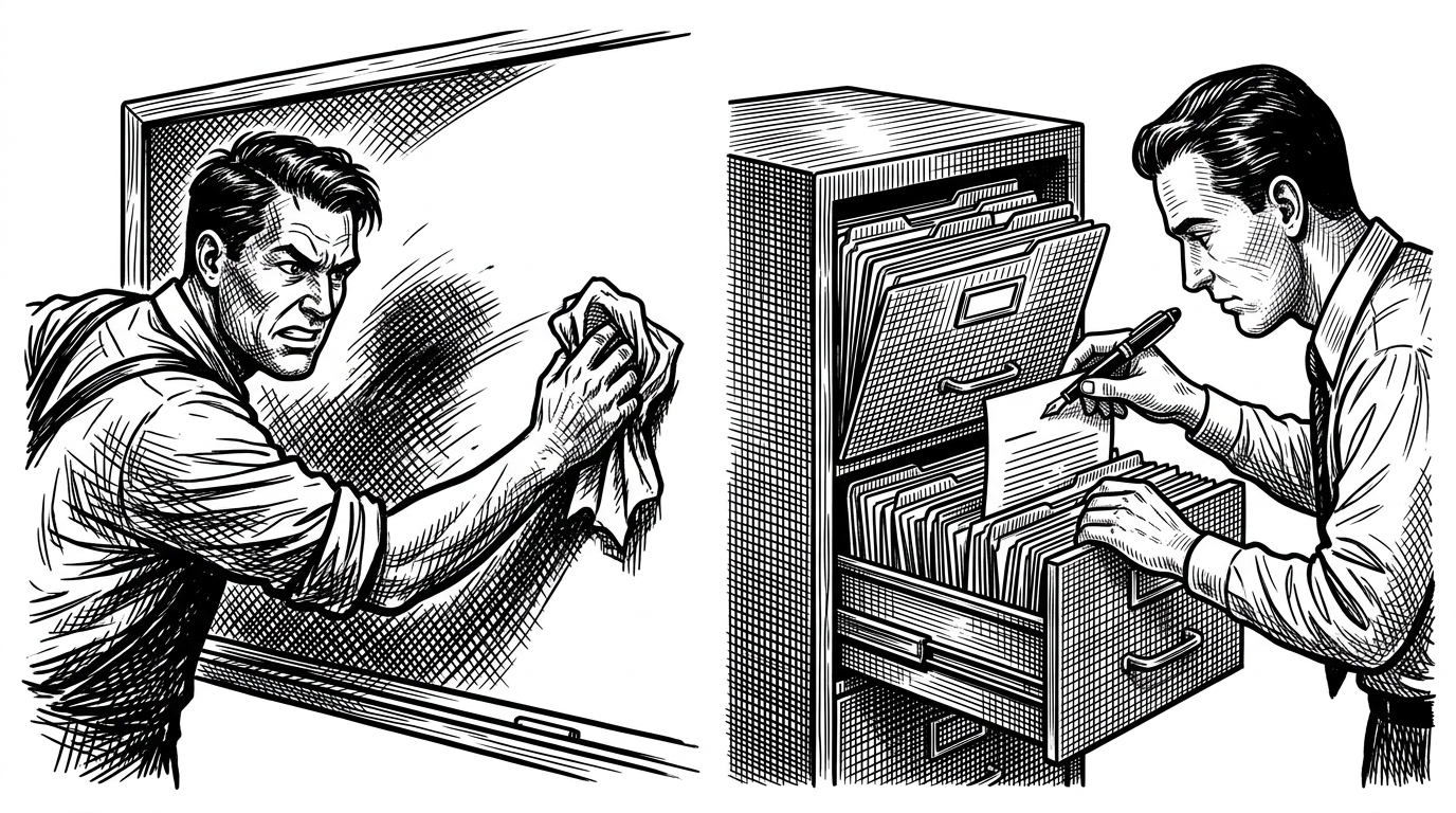 Two workers at adjacent desks. One scrubs a chalkboard clean with a wet rag. The other uses a fountain pen to add a document to a highly organized filing cabinet. Represents the difference between ephemeral sessions and persistent memory.