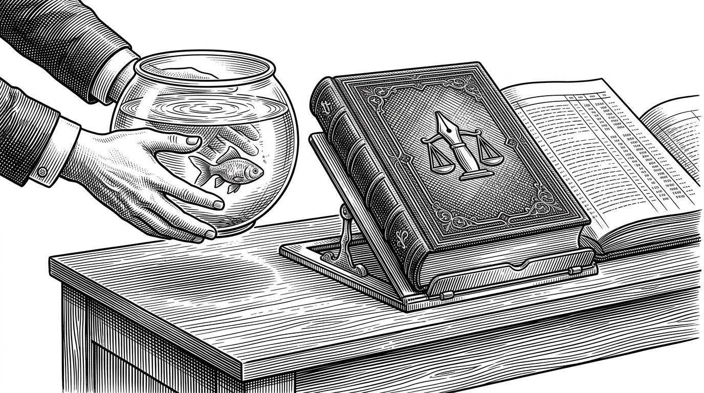 A goldfish bowl being lifted off a desk, replaced by a massive ledger book resting on a brass stand. This represents the shift from ephemeral context windows to persistent, structured memory.