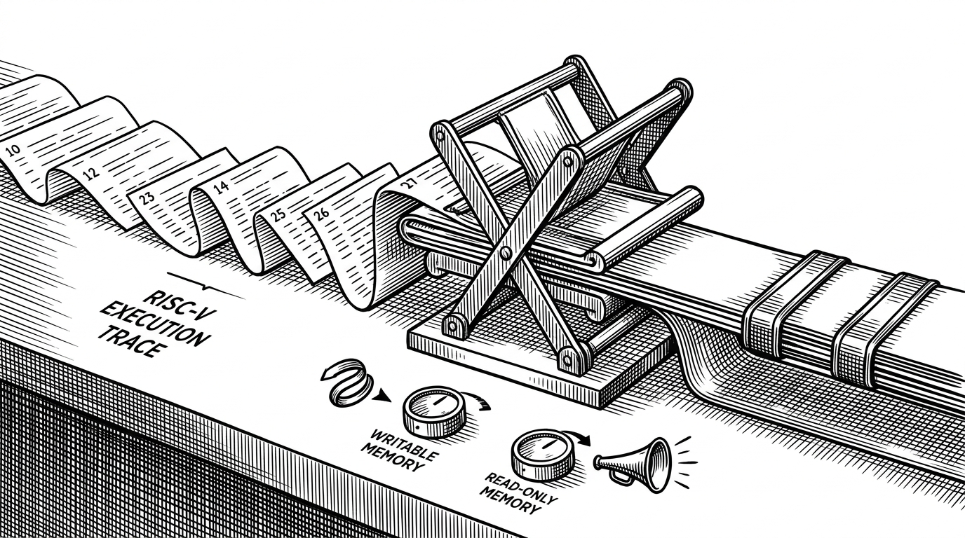 A close-up workbench shows a long execution trace broken into paper strips on one side and a lattice-shaped press on the other. A small dial marked Twist points toward writable memory, while another dial marked Shout points toward read-only memory. The scene explains how shard-level execution claims are transformed and how memory consistency travels with the proof.