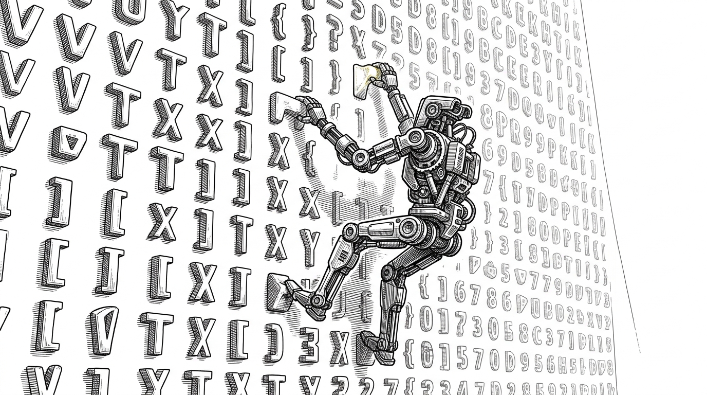 A climbing robot hangs on a vertical wall made of discrete holds that resemble typed symbols brought into physical space. One hold is emphasized as the current target, while the rest of the route recedes as a legible grid of options, explaining that the wall is authored before it is simulated.