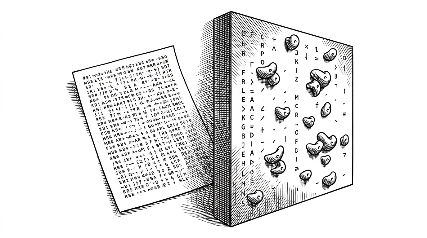 A close, blueprint-like view of a route being transformed into a wall. On one side, a compact text map and a few symbols imply authored holds; on the other, those symbols become clustered climbing grips arranged on a vertical surface, explaining how a plain route file becomes a 3D training environment.