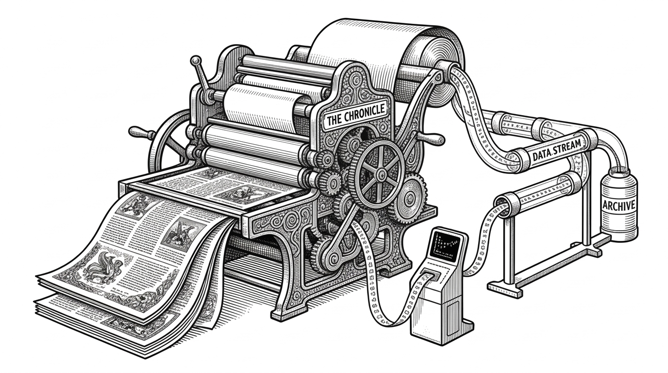 A massive printing press next to a sleek pneumatic tube system, illustrating the contrast between visual web rendering and pure data extraction.