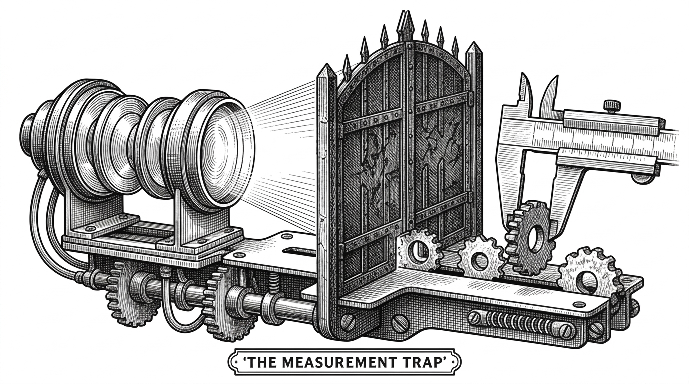 A mechanical sorting mechanism where a heavy iron gate blocks a complex light lens system, allowing only raw gears to be measured by a precise caliper.