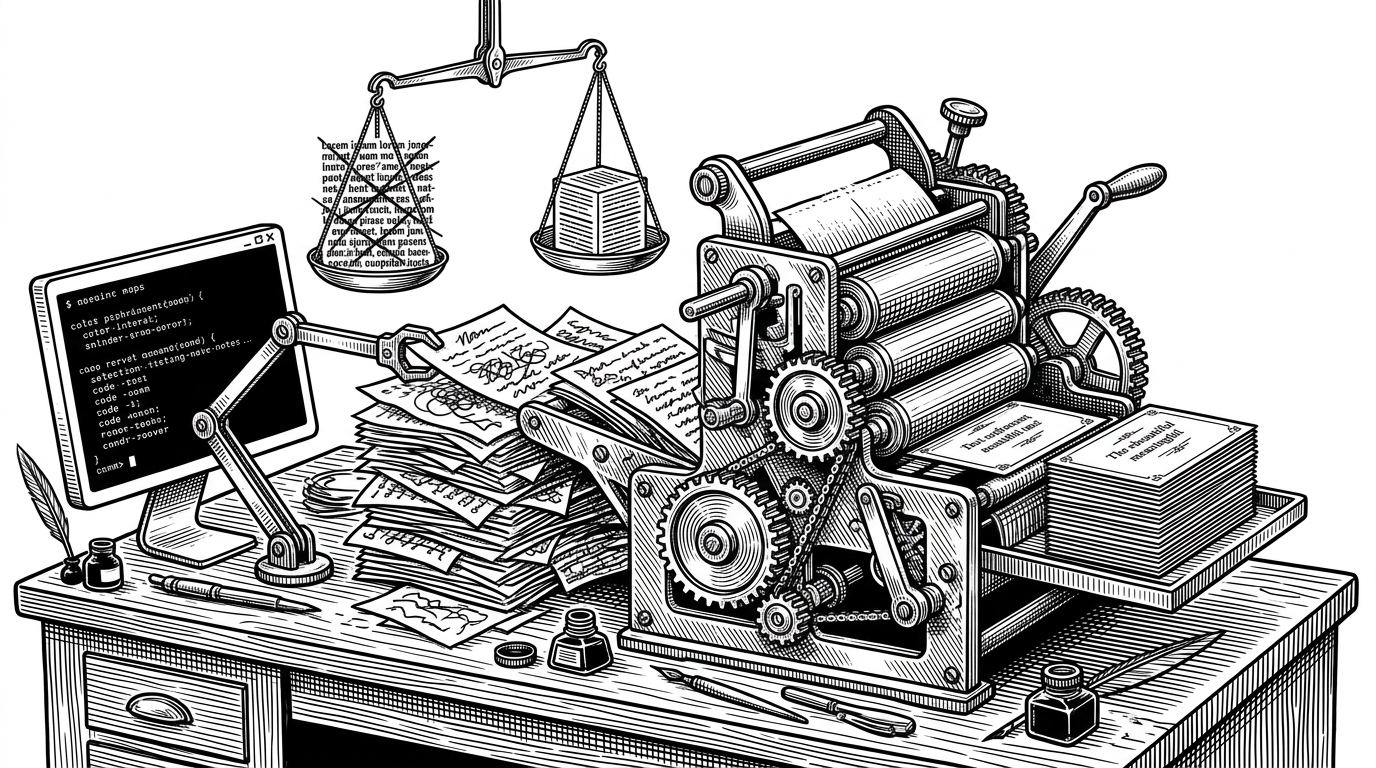 A wide desk scene where messy notes are fed into a print press and emerge as a neat stack of finished cards. The image explains that the repo's core move is to judge what matters before it decides how to render it.