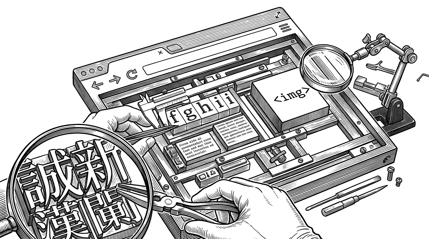 A browser window is shown like a typesetting machine, with glyphs, line boxes, and a screenshot frame being aligned by careful mechanical tools. The image explains why the repo uses a headless browser instead of a simpler canvas pipeline.