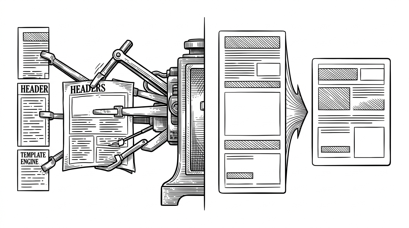 A split composition shows a rigid template on one side and a judgment-driven layout on the other. The image explains the difference between forcing text into boxes and giving content room based on importance.
