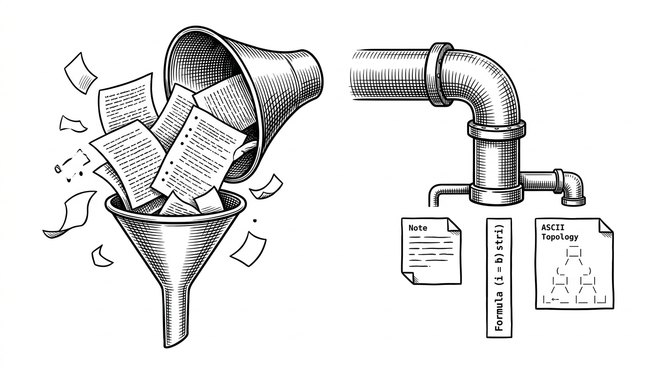 On the left, a generic prompt spills into a fog of loose paragraphs. On the right, a strict pipeline leaves behind a tight note, showing the difference between more words and more structure.