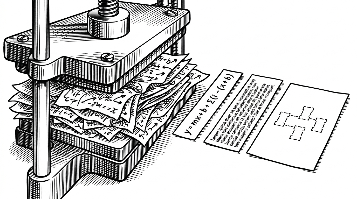 A press squeezes a messy bundle of notes into three finished slips of paper, one formula, one sentence, one ASCII map. It explains why compression is the actual invention, not the multi-lens expansion.
