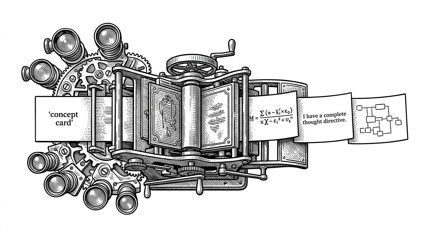 A single concept card is fed into an engraving press surrounded by eight optical lenses, then exits as three compact artifacts: a formula, a sentence, and an ASCII topology sheet. It explains the repo's central claim that conceptual breadth is valuable only when it can be compressed into something reusable.