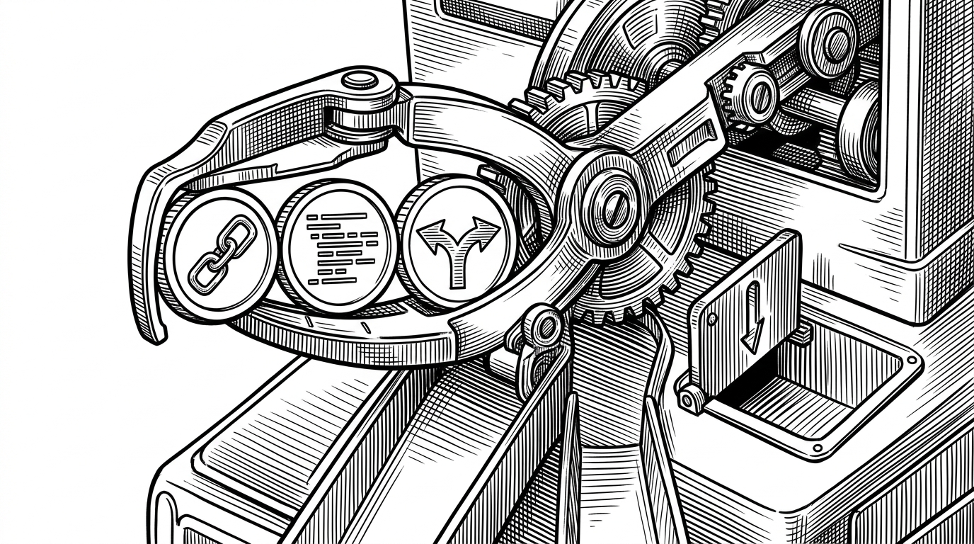 A close-up of a mechanical selector arm inside the machine, choosing between a web feed, a text card, and a side branch. It illustrates how the skill routes different inputs through different paths before anything gets written down.