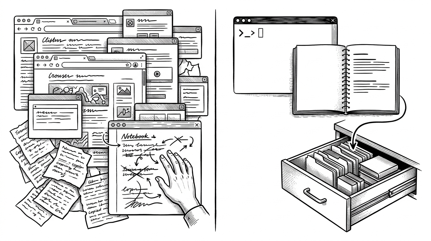 A split scene with a messy browser-and-notes workflow on one side and a single clean terminal-to-inbox path on the other. It shows the trade-off between scattered clipping and one opinionated local capture flow.