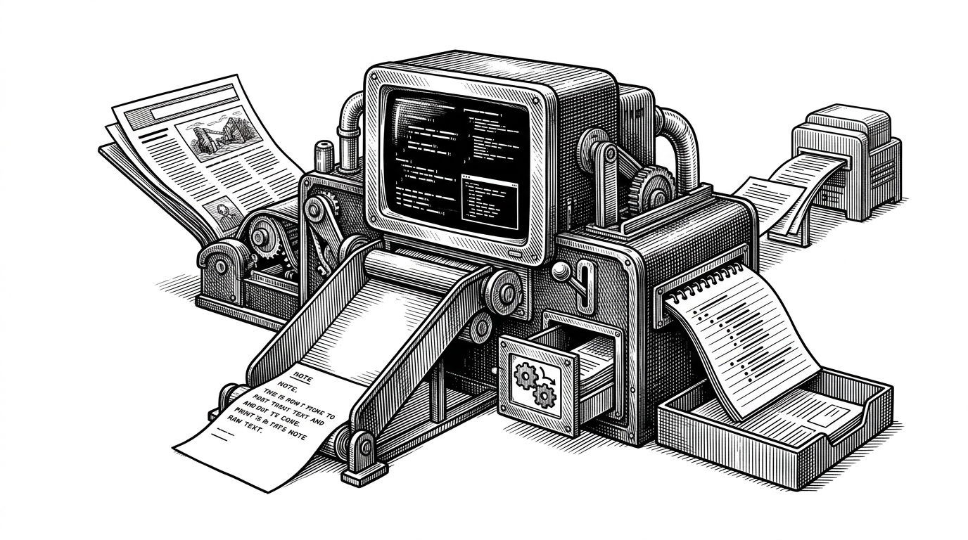 A wide editorial illustration of a terminal-powered machine that pulls in a web page printout and a raw note card, then outputs a tidy notebook page into a file drawer. It explains the article's core idea: a markdown skill can behave like a capture pipeline instead of a passive prompt.