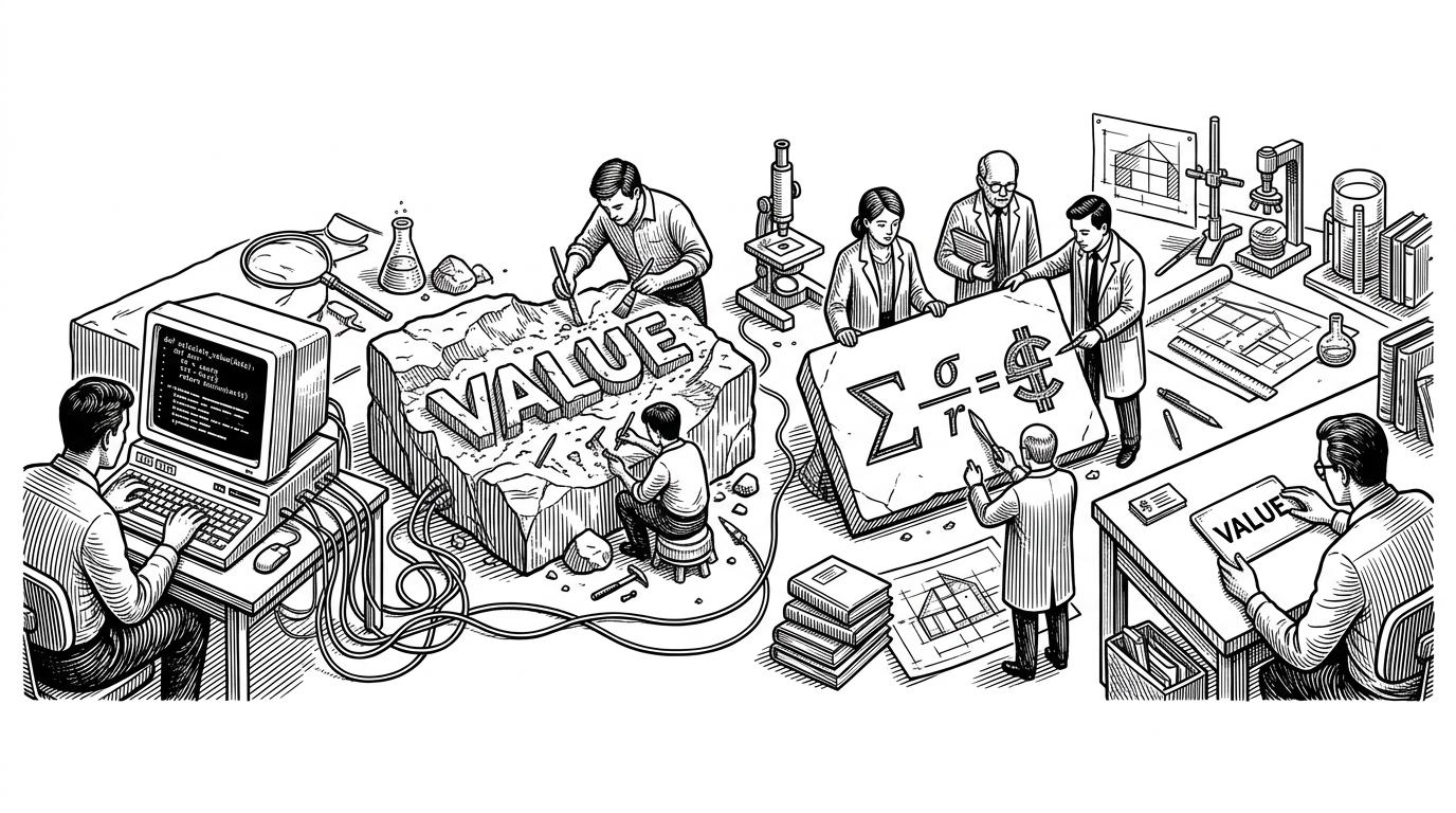 A wide editorial scene shows a stone desk where a single English word is being excavated like a fossil, with a terminal window and a small card layout nearby. The image explains that the repo turns a word into a staged interpretation process, not a plain dictionary lookup.