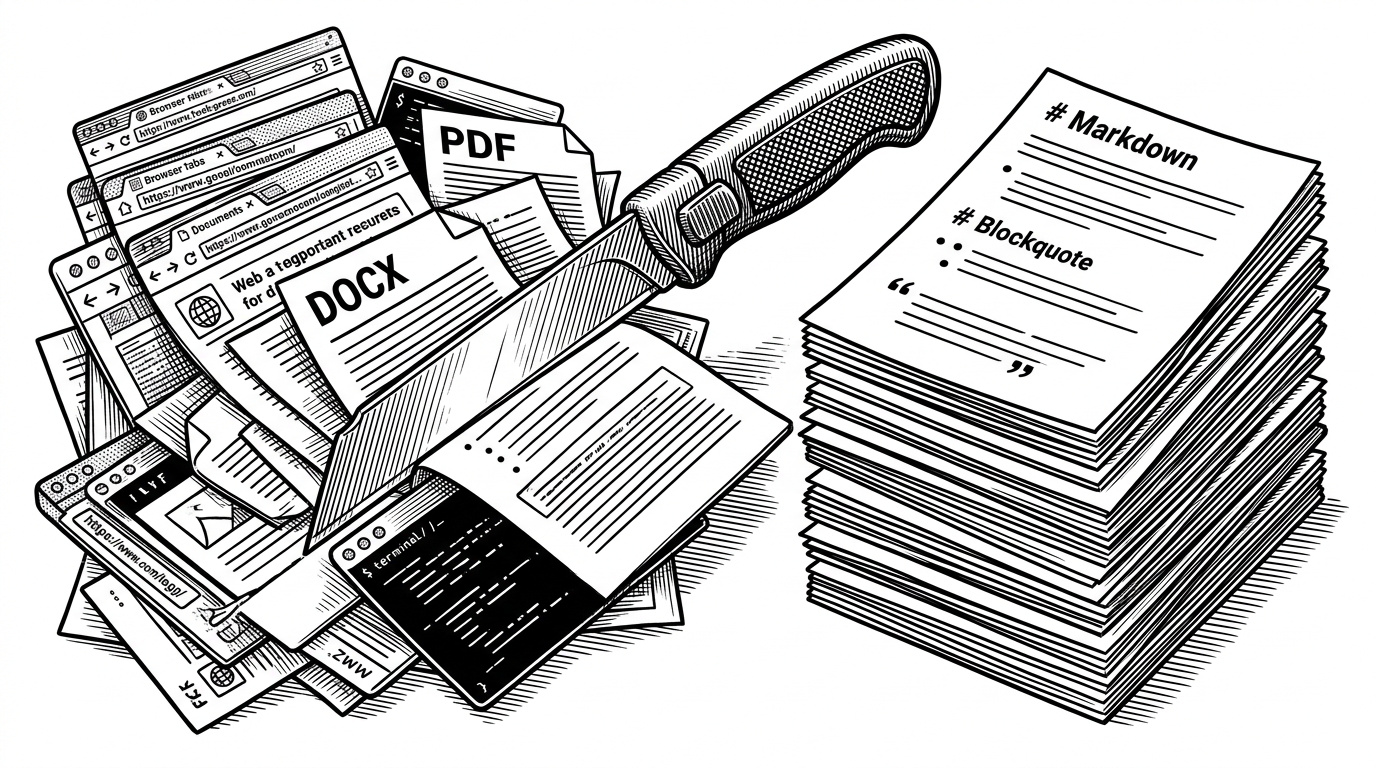 A sharp editorial scene of a blade cutting through a tangle of browser tabs, PDF pages, document sheets, and terminal windows, leaving a clean stack of Markdown pages behind. It explains how the repo turns messy sources into a usable context file with minimal friction.