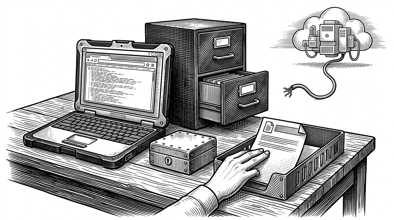 A close-up editorial illustration of a local workstation with a laptop, browser window, file drawer, and locked metal tray all sitting on the same desk. It explains the repo's local-first design, where the work stays on the user's machine until the Markdown file is ready.