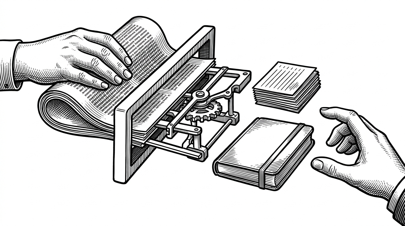 A thick academic paper passes through a narrow scanning frame and emerges as a skeleton of claims, a stack of note cards, and a ready-to-file notebook. The scene explains that the repo does not just compress papers, it turns them into structured material for later thinking.
