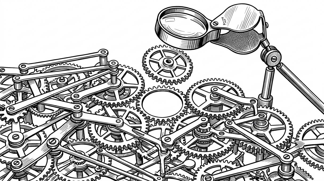 A jeweler's loupe hovers over a lattice of gears and linkage rods. One gear has been lifted away, yet the rest of the mechanism still turns, explaining the article's point that a true generator is one whose removal changes the system.