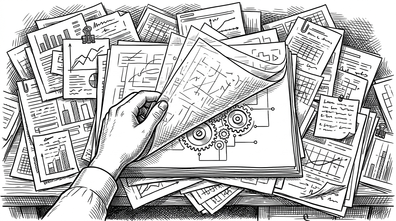 A wide editorial scene of a crowded desk covered in overlapping domain notes, diagrams, and index cards. A single hand peels away transparent layers until a small, elegant core mechanism remains visible underneath, explaining the article's idea that understanding can be treated as subtraction.