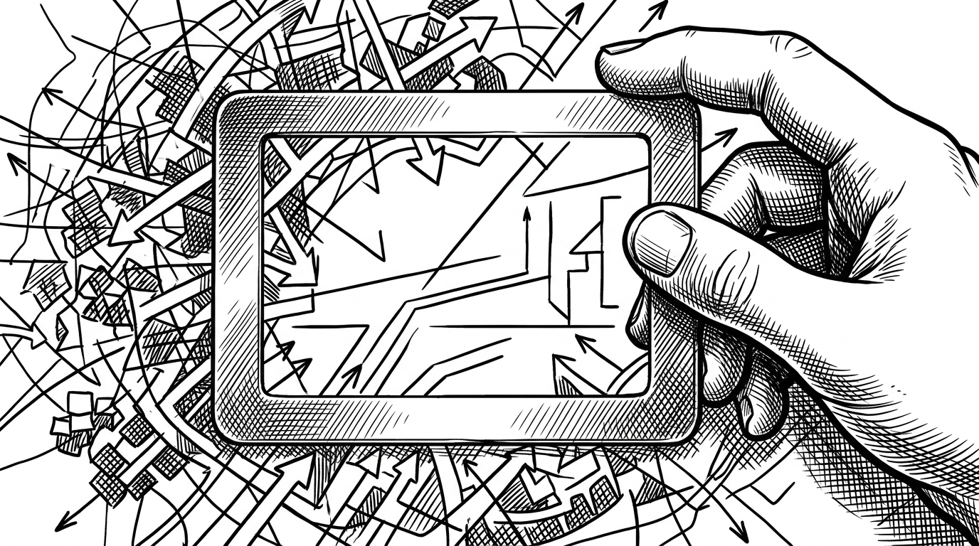 A close-up editorial scene of a hand holding a metal stencil over a crowded web of concept lines and labels. Beneath the stencil, only a few clean connections remain visible, explaining how the skill prunes a domain down to the dimensions that actually matter.