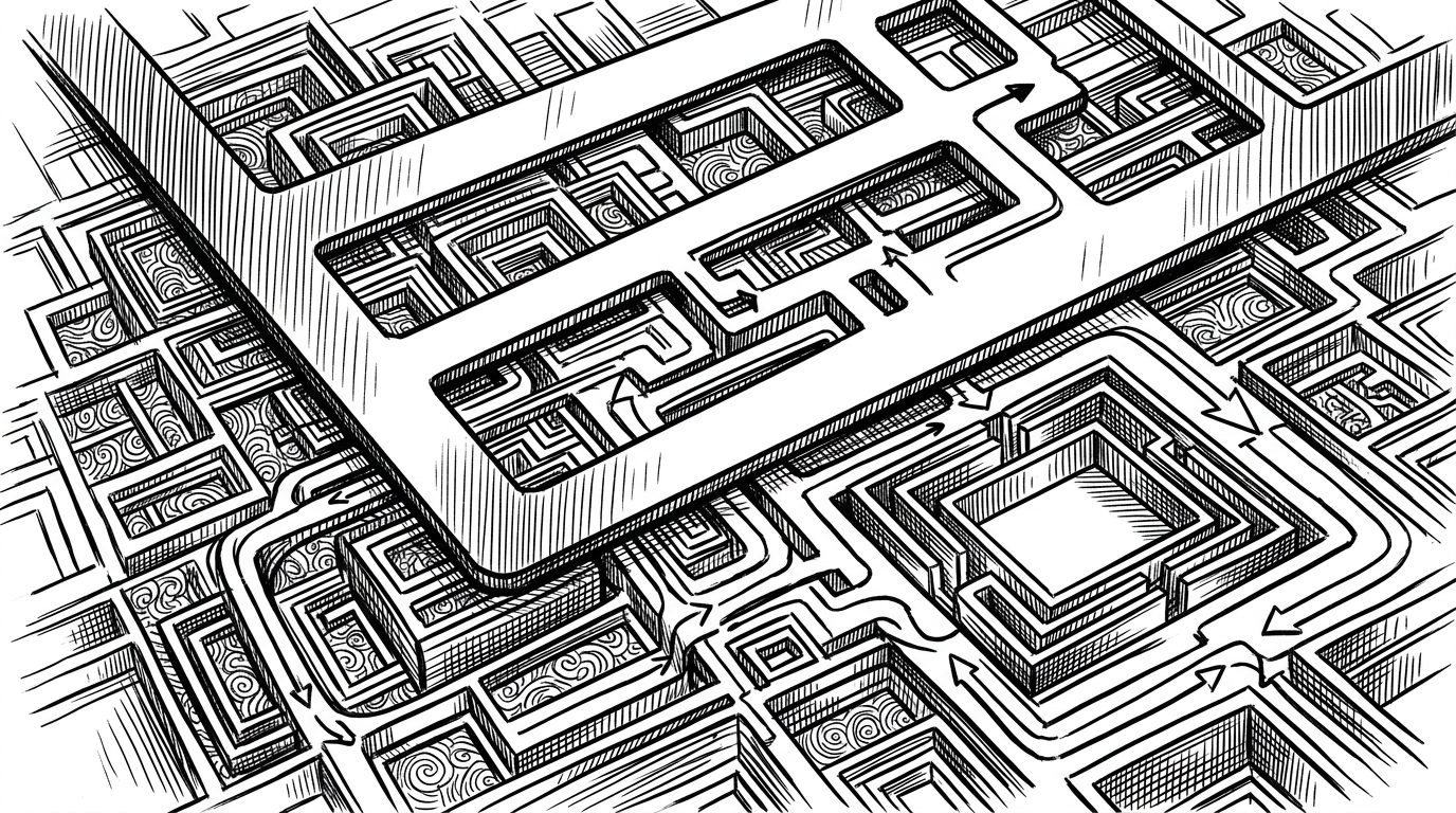 A tight editorial scene of a drafting stencil pressed over a dense topology map made of boxes, arrows, and nested drawers. One small proof compartment sits apart from the main flow, explaining how the template separates claims, evidence, and structural map into distinct layers.