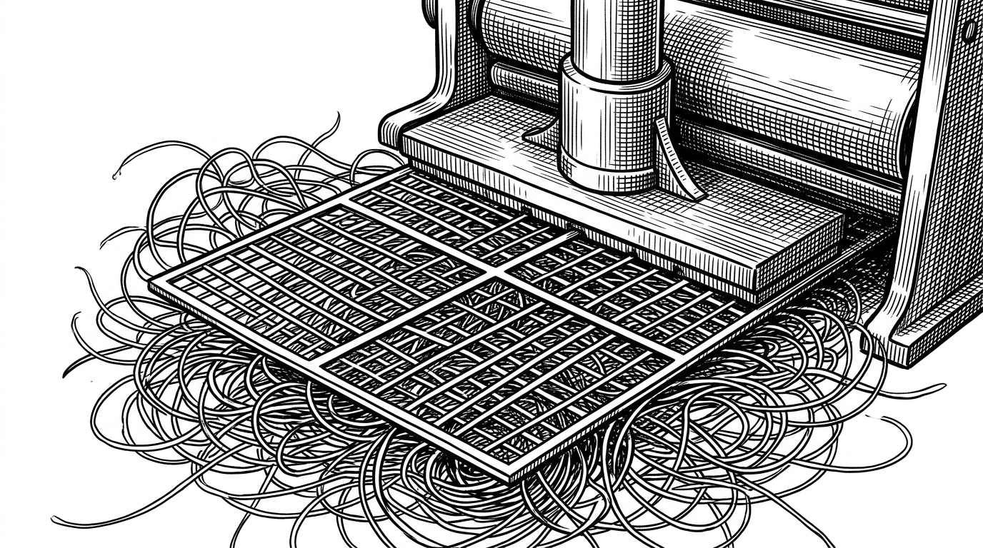 A heavy metal printing press stamping a rigid square grid onto a chaotic mass of tangled threads.