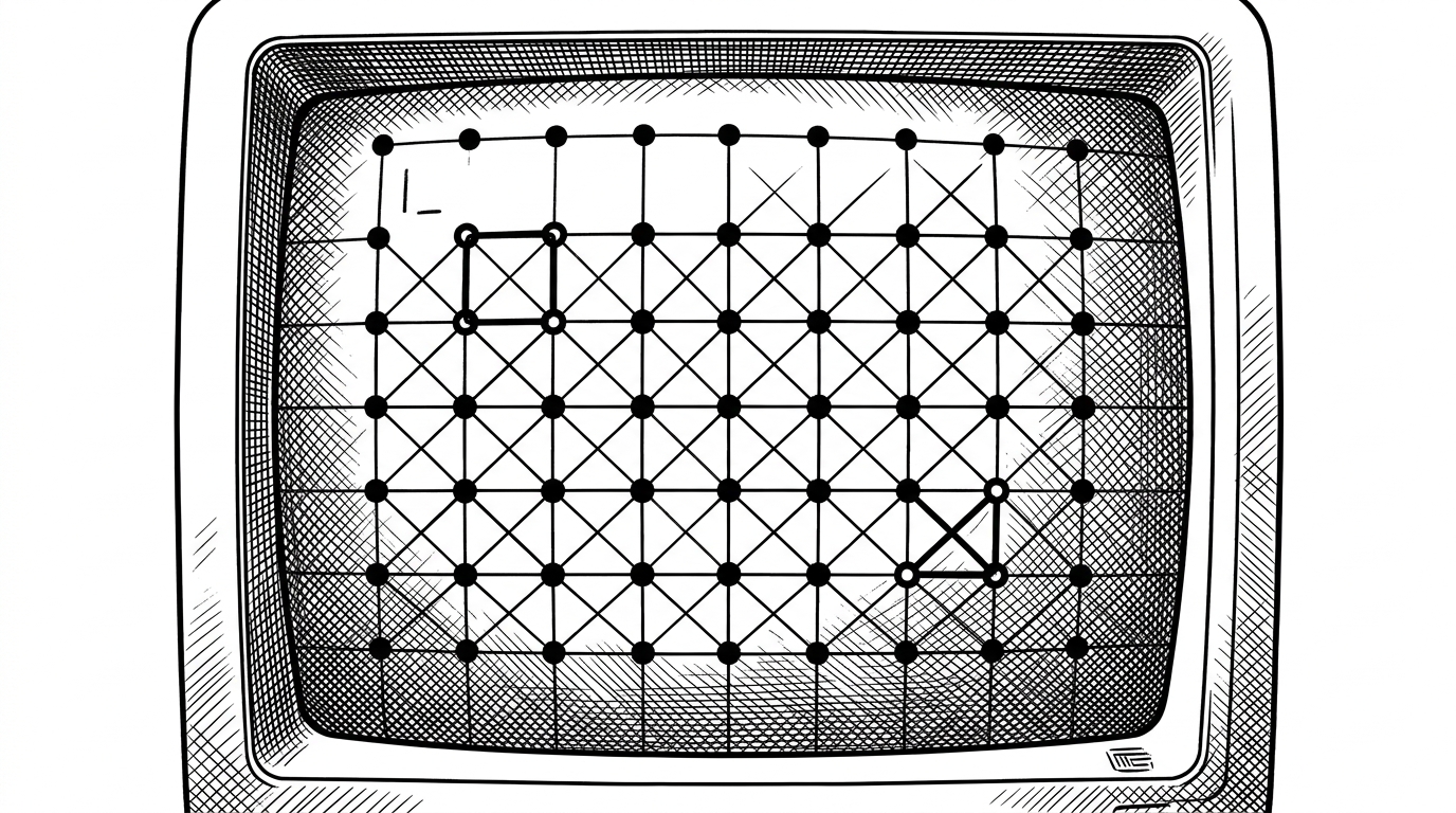 A terminal screen is drawn like an engineering blueprint, with a dense lattice of nodes and connectors that feel monospaced and exact. It shows how an ASCII topology can stay legible under different terminal conditions.