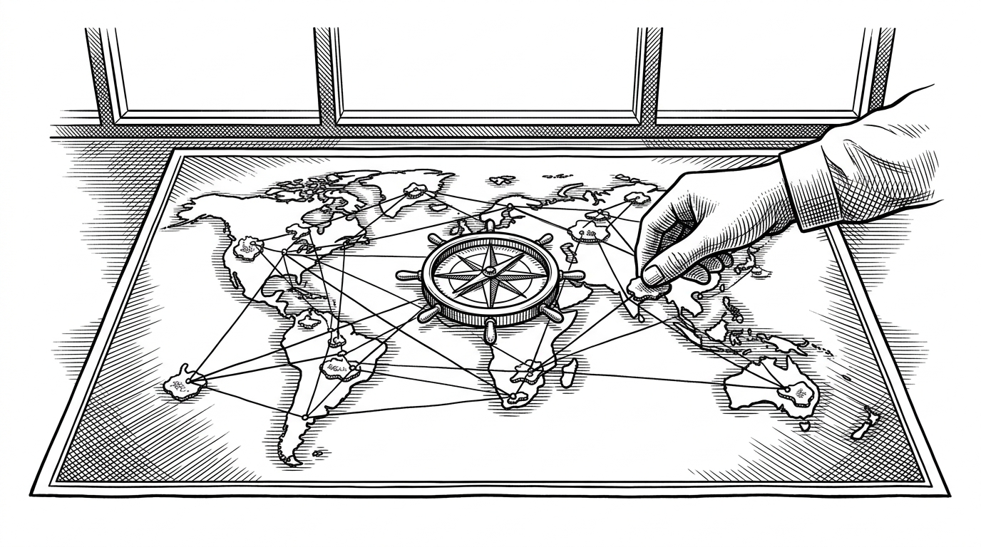 A wide terminal window is reimagined as a hand-drawn map table, with small skill islands arranged around a central compass wheel. It explains that this repo turns a local skill pile into a readable atlas instead of a plain folder listing.