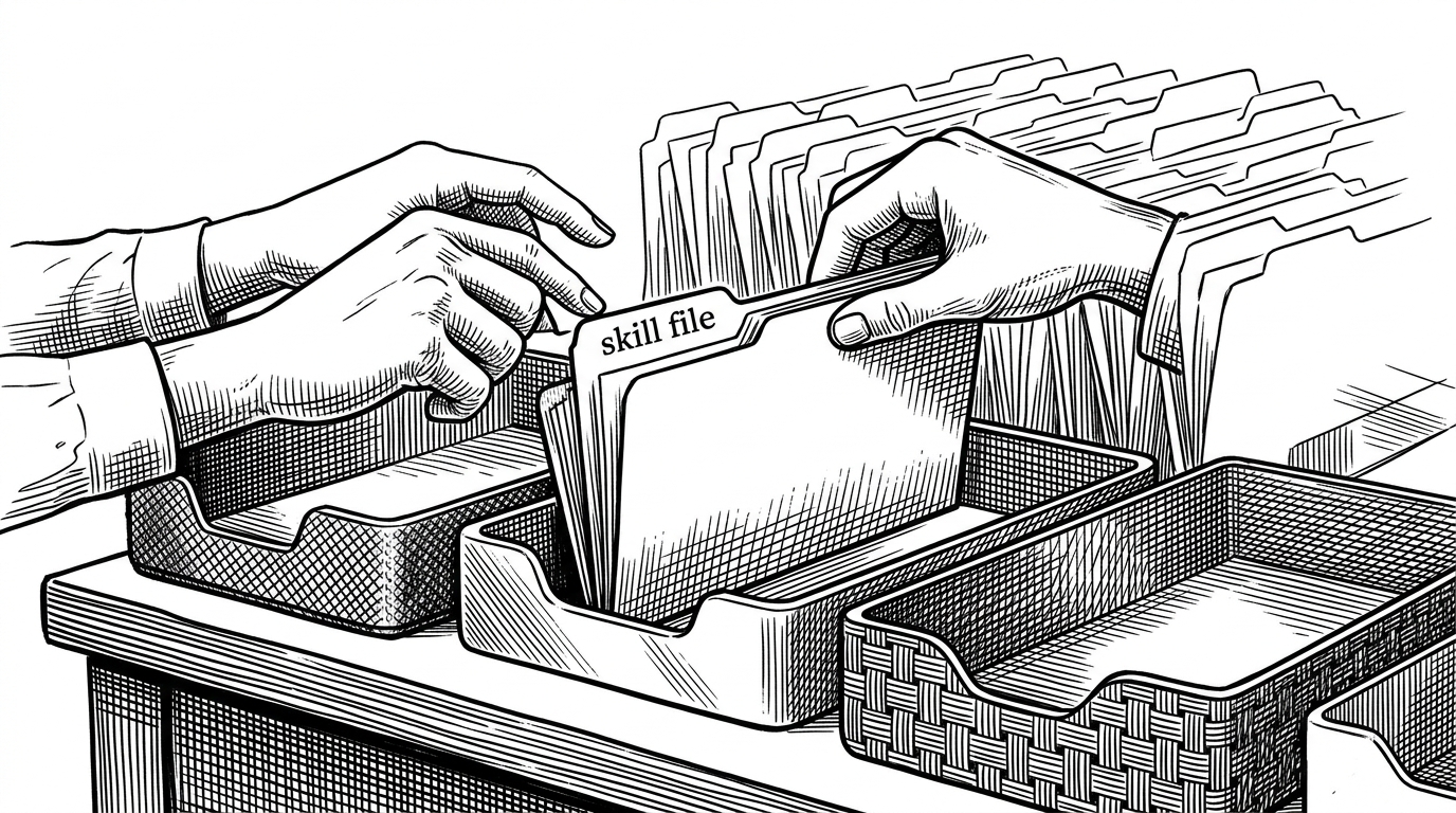 A close-up sorting scene shows a single folder being dropped into one of several distinct trays, with the other folders fading into the background. It explains that the map is opinionated about where each skill belongs, not neutral about classification.
