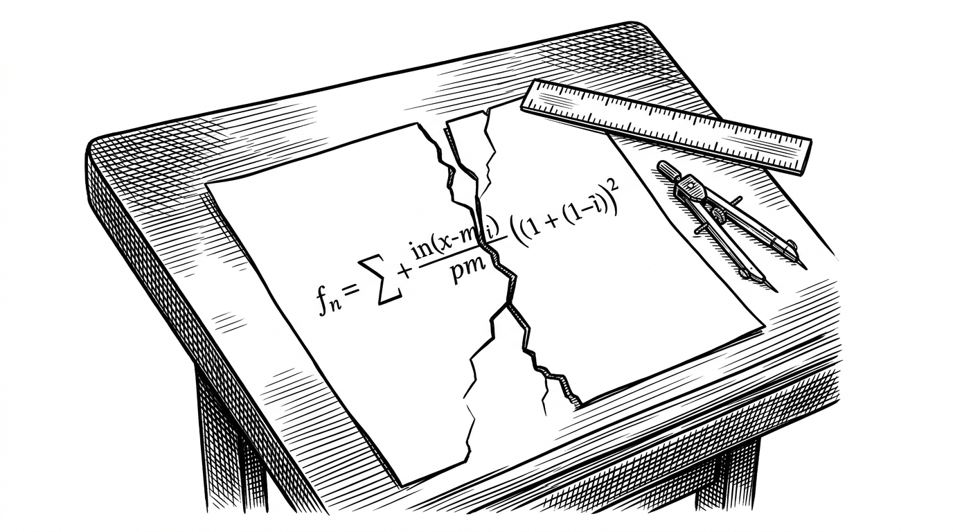 A close-up of a drafting table shows a formula drawn across paper, then stopped by a jagged crack that cuts through the page. The image explains the repo's falsification step, where a neat theory has to survive a sharp failure case before it is allowed to ship. The point is intellectual honesty, not prettier prose.
