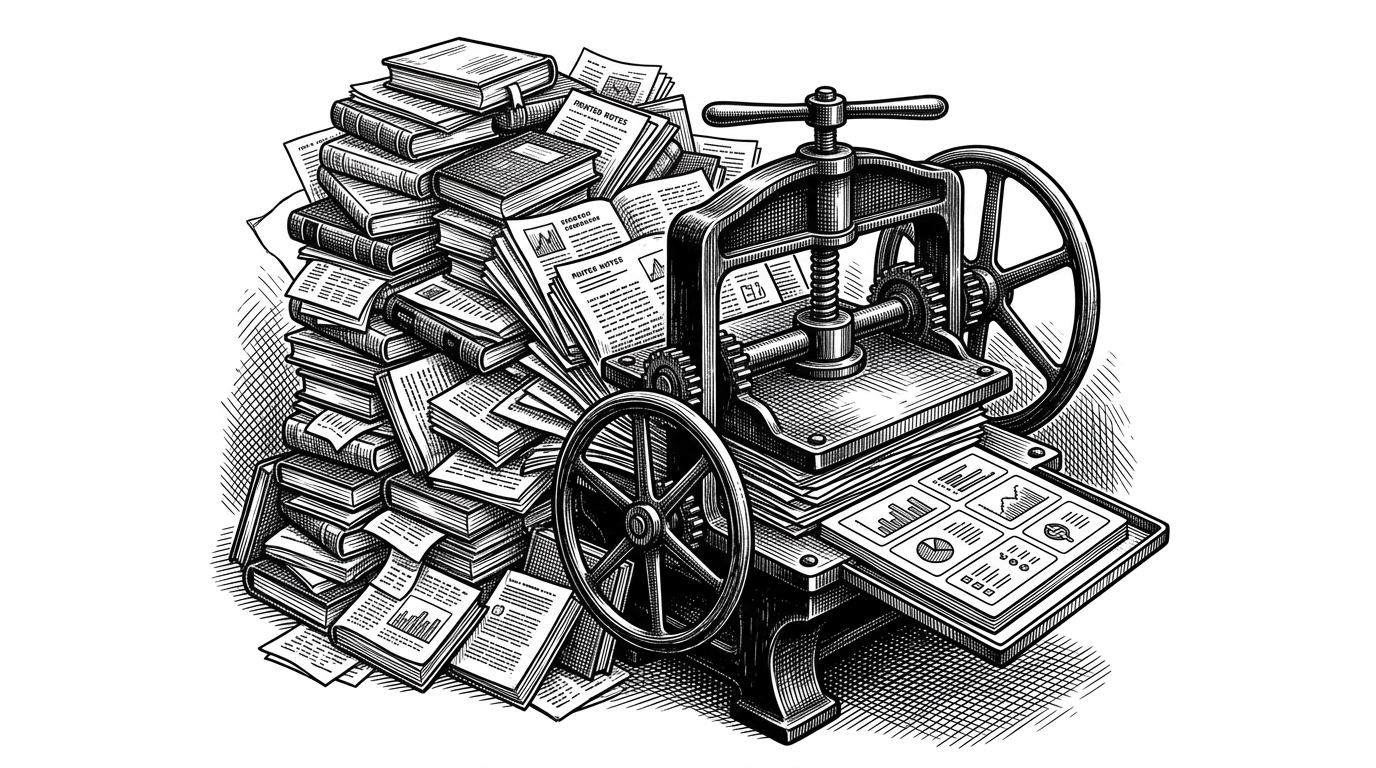 A towering stack of papers, books, and note cards is fed into a heavy mechanical press, and a clean modular card emerges on the other side. The scene explains how this repo compresses messy inputs into a small, reviewable artifact. It frames the project as a production line for understanding, not a chat window.