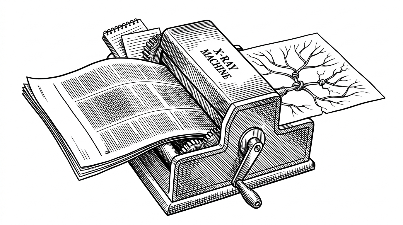 A broadsheet article is fed through a hand-cranked machine and exits as a stripped argument skeleton made of branching lines and pressure points. A small notebook slips into the mechanism behind it, showing that the tool reads text through the reader's own context, not in isolation.