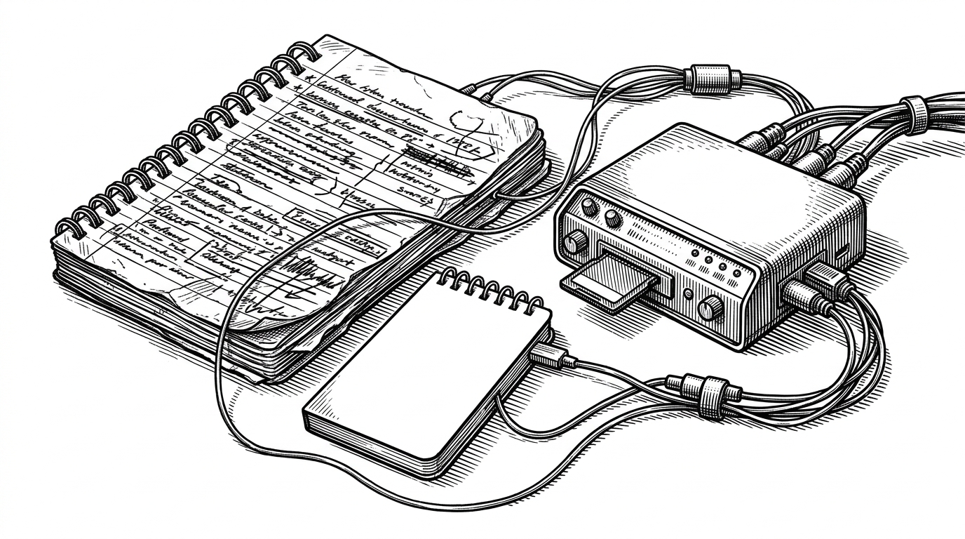Two notebooks and a memory card feed into a terminal-like analyzer through thin wires, and a single output card appears on the other side. The scene explains that the repo grounds interpretation in local context before it decides whether a collision exists.
