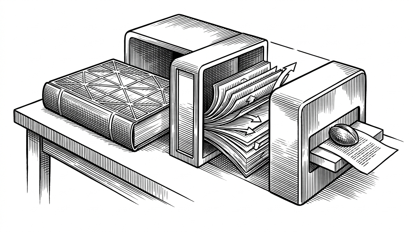 A large book moves through a three-stage machine and comes out as a compact text artifact. The first stage preserves the book's skeleton, the second exposes its internal structure, and the third distills it into a small, durable note. The image explains that this repo treats reading as a pipeline with distinct passes, not a single summary prompt.